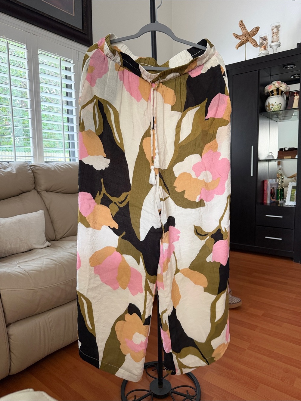 Wide-Leg Floral Cotton Pants - Pink & Olive